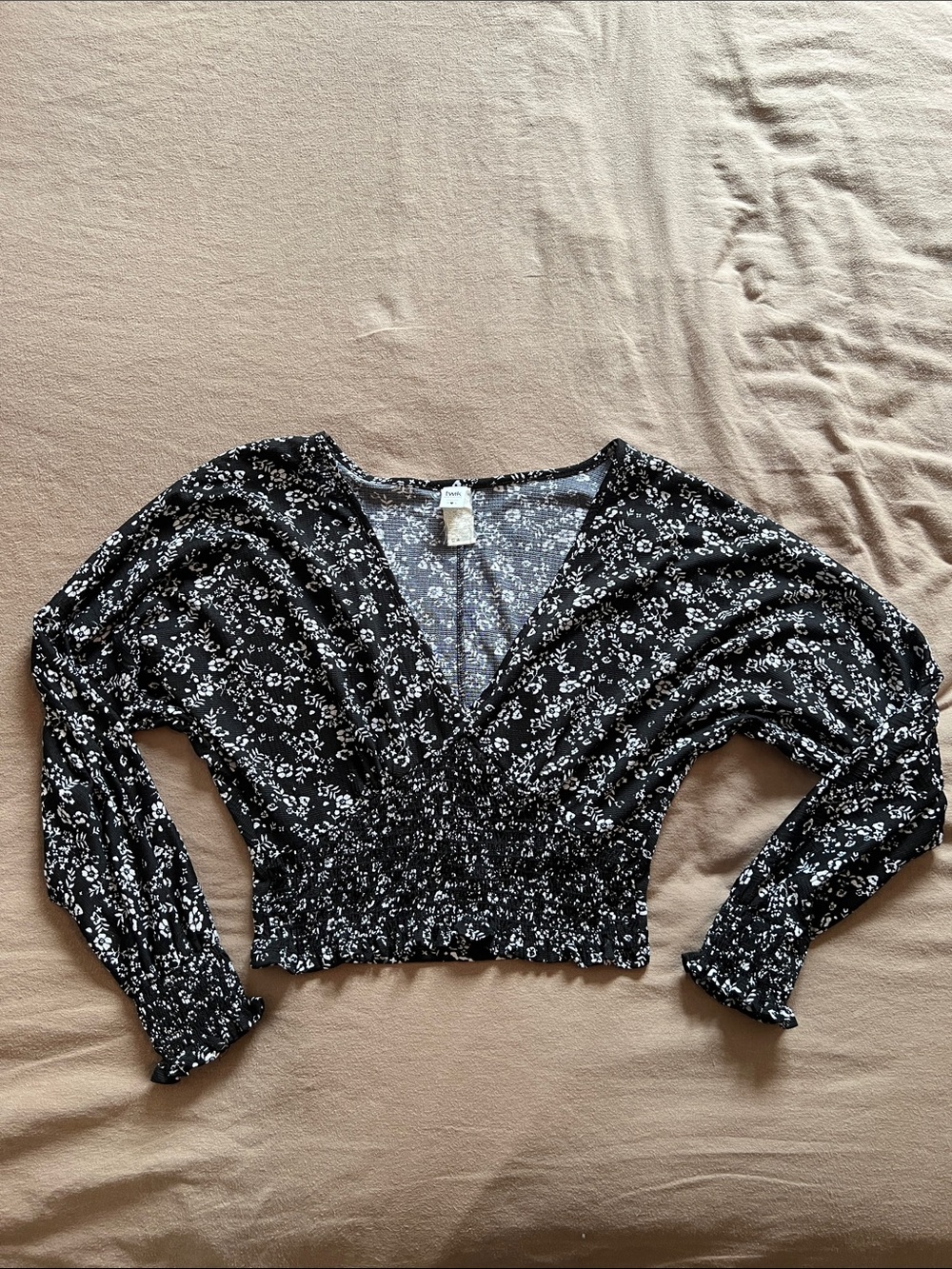 twik Black Floral V-Neck Smocked Waist Long-Sleeve Top
